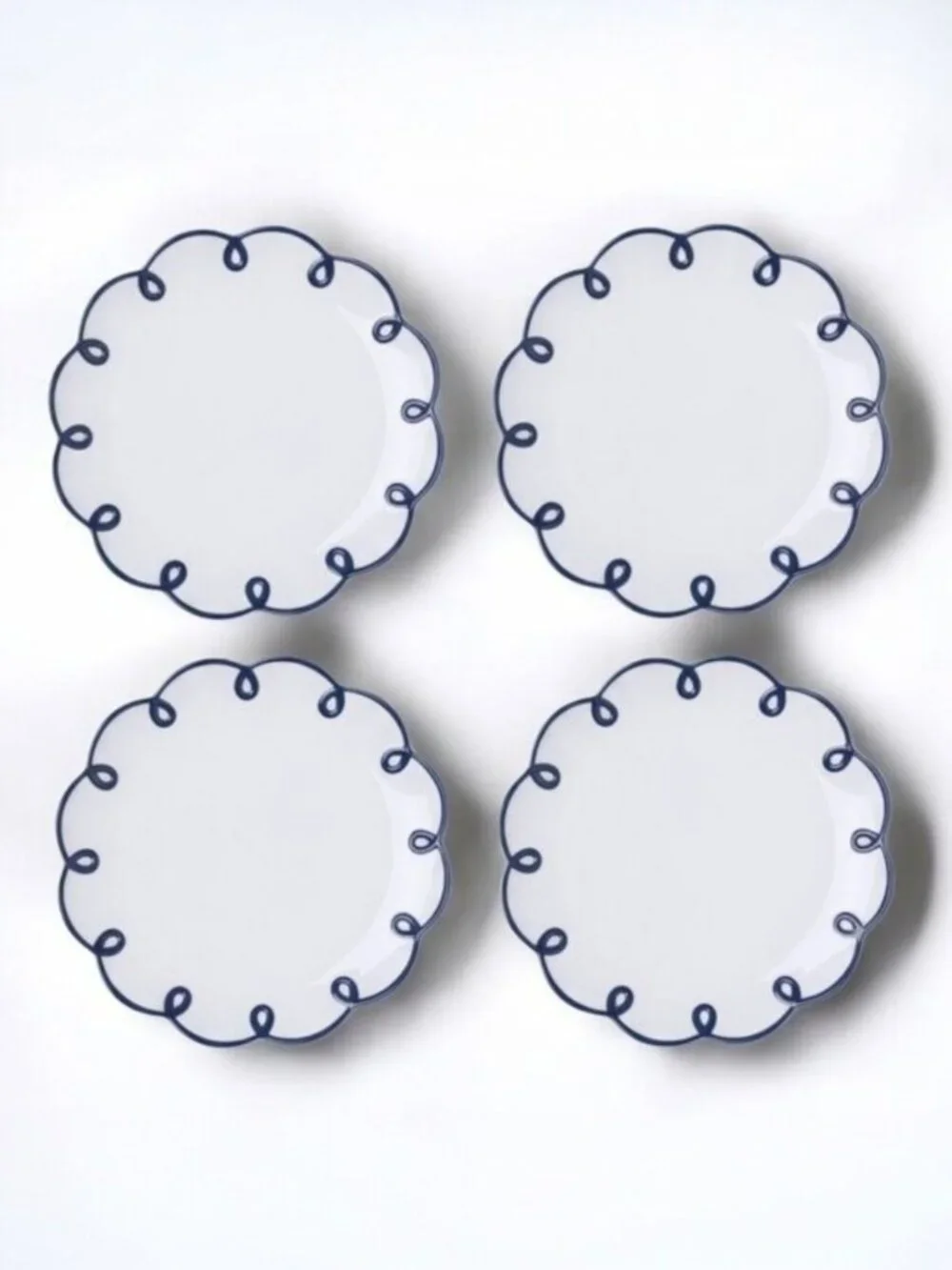 Anthropologie Scalloped Dessert Plates Set of 4 Navy Loop Edge Stoneware NWT